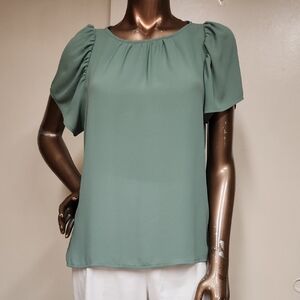 LOFT Dusty Green Blouse with Puff Sleeves